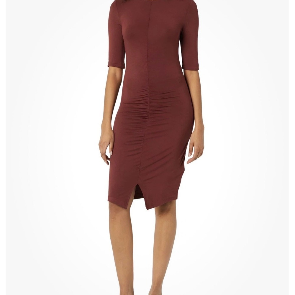 Daily Ritual Ruched Jersey Knit Dress M Half Sleeve Casual Brown Bodycon Stretch